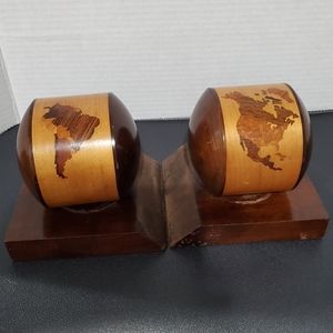 Brazilian Bookends Inlaid Wood MCM Vintage Globe Bookends Rare Curios L👀K